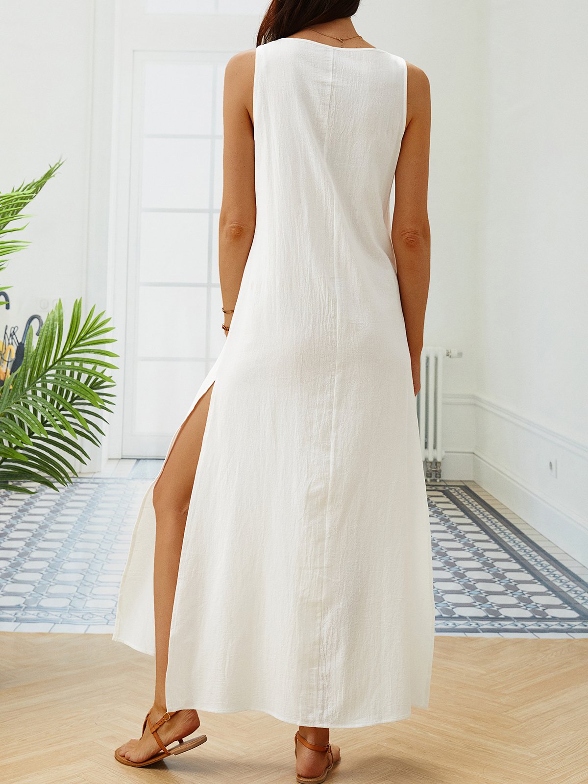 Loose Vacation Linen Simple Ethnic V Neck Sleeveless Maxi Dress