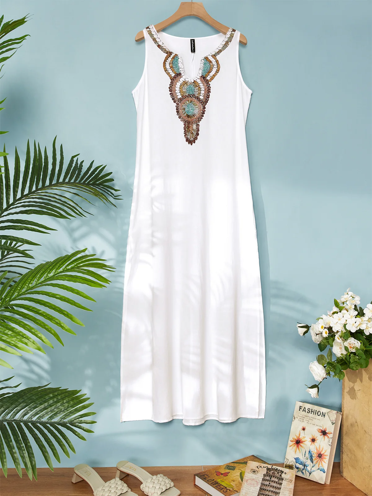 Loose Vacation Linen Simple Ethnic V Neck Sleeveless Maxi Dress