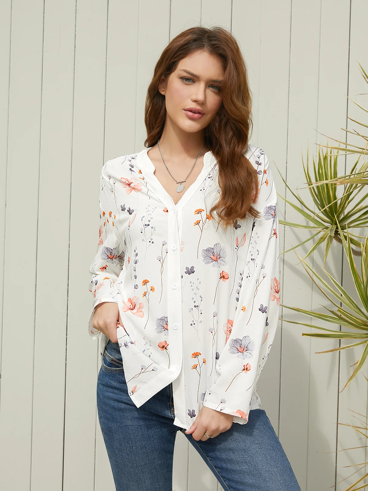 V Neck Casual Floral Loose Buttoned Down Long Sleeve Blouse