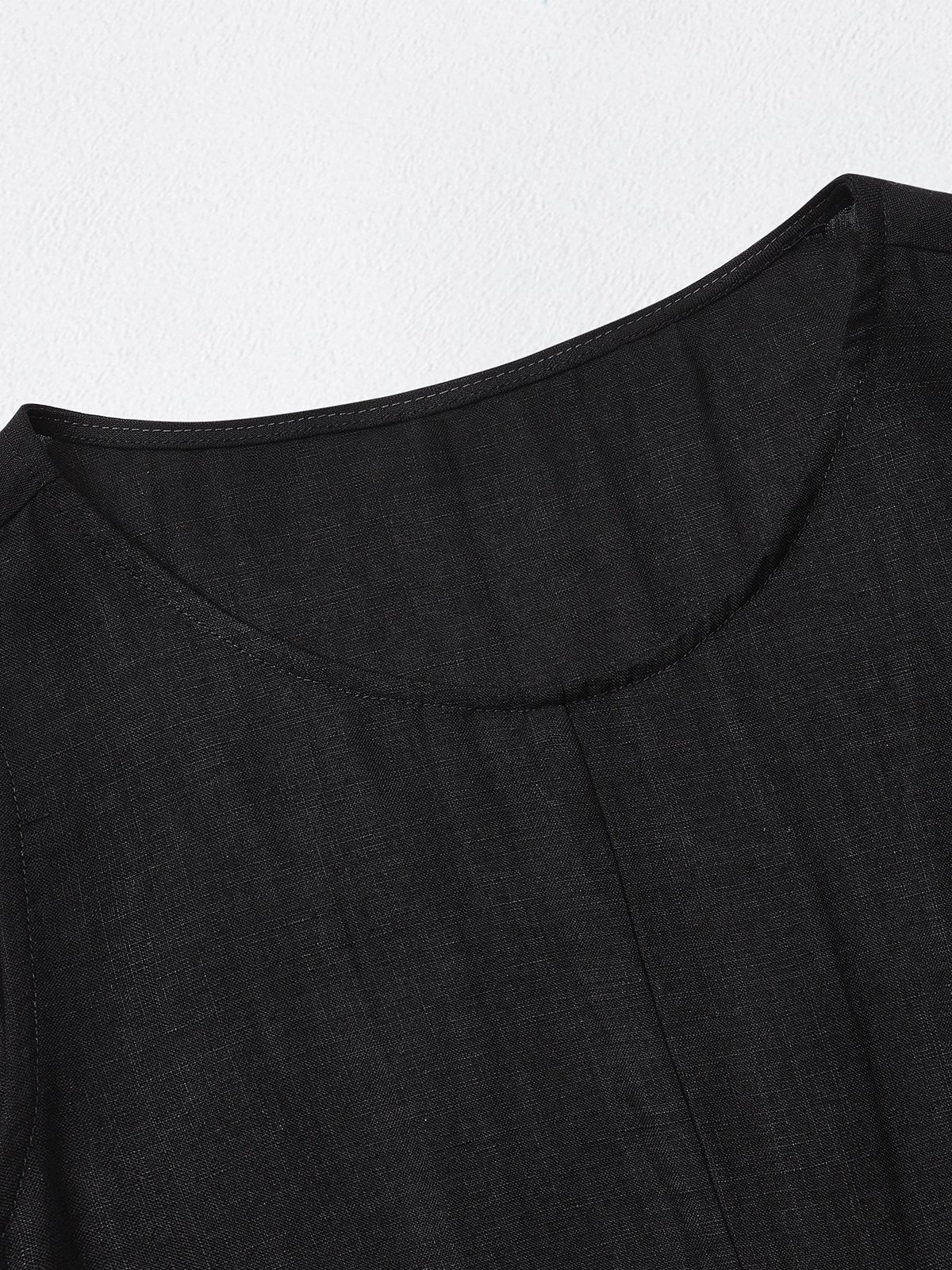 Linen Plain Crew Neck Mini Dress