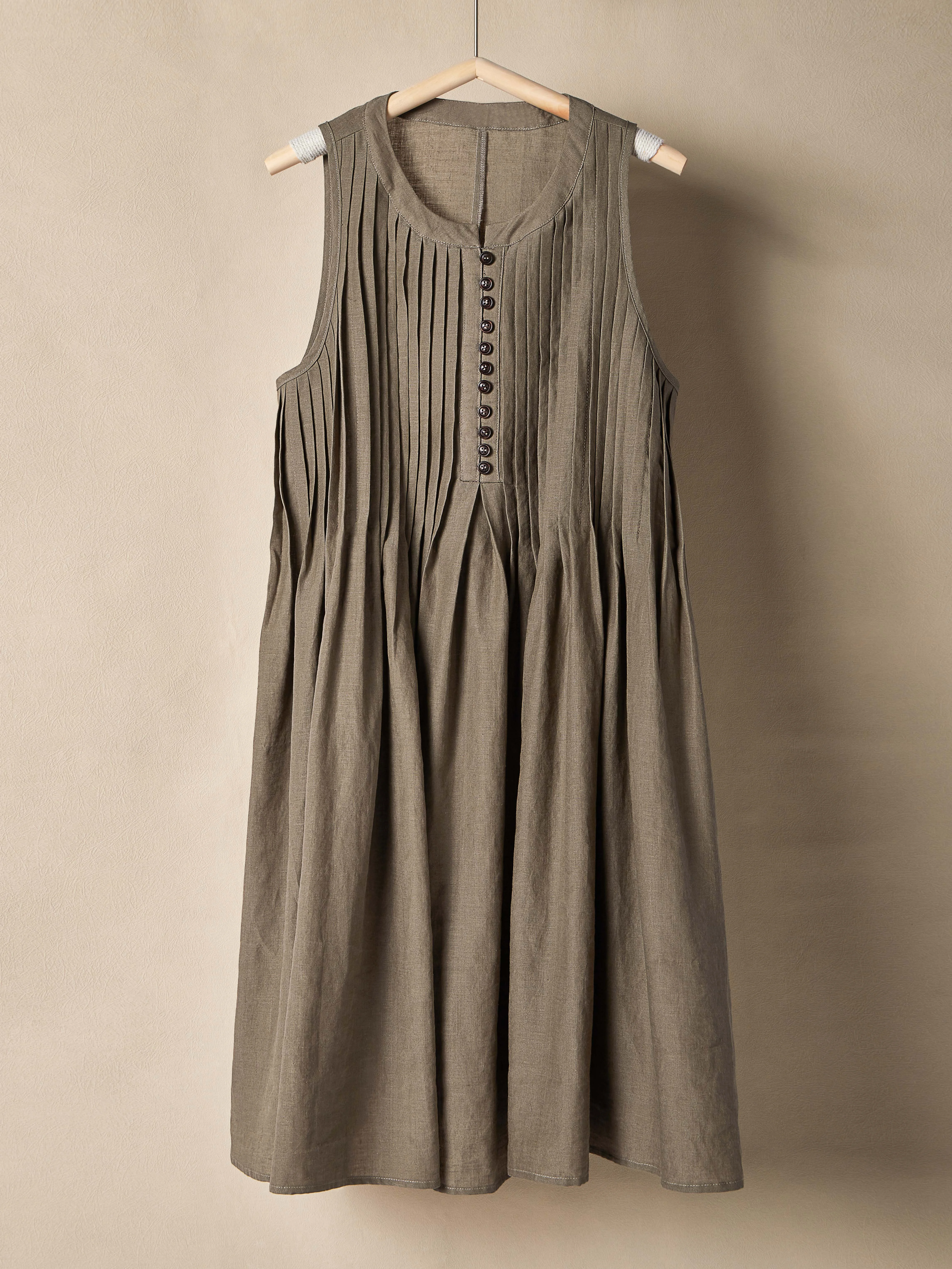 Linen Plain Crew Neck Mini Dress