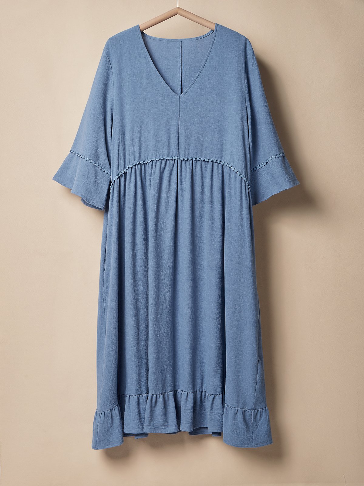 Casual Plain V Neck linen-cotton Midi Dress