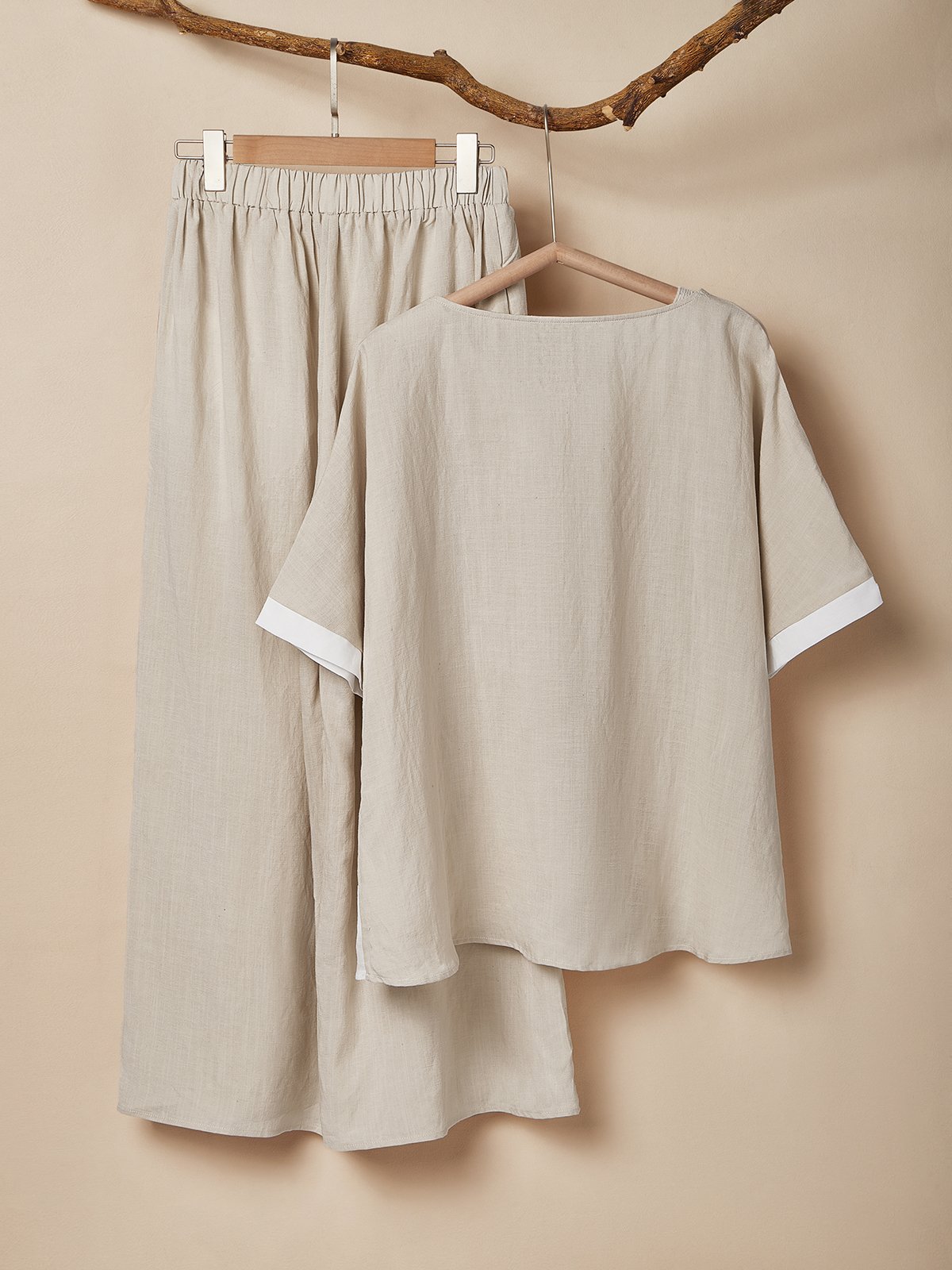 Casual Color Block Crew Neck linen-cotton Two-Piece Set