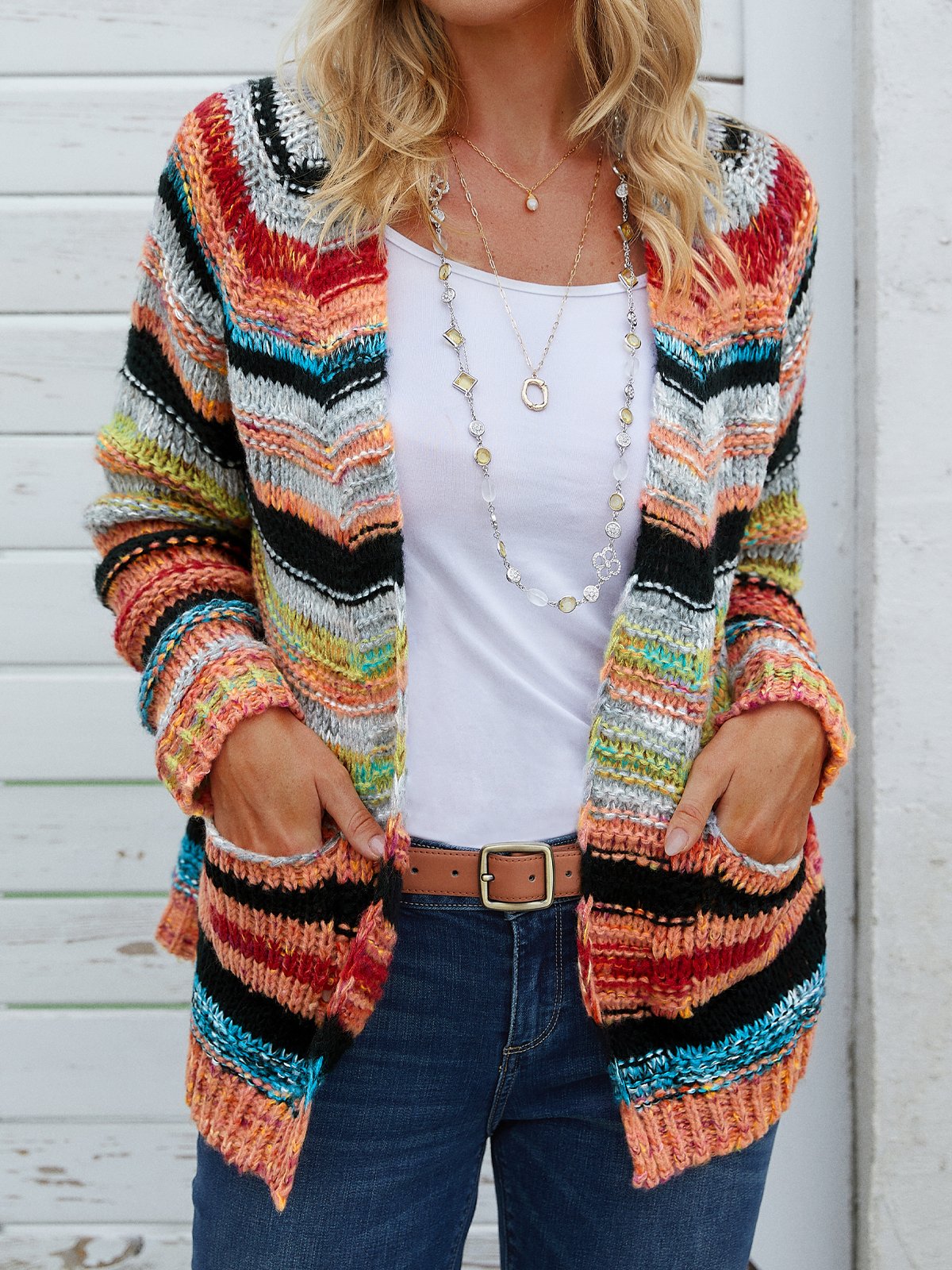 Plus size Long Sleeve Casual Striped Sweater Coat