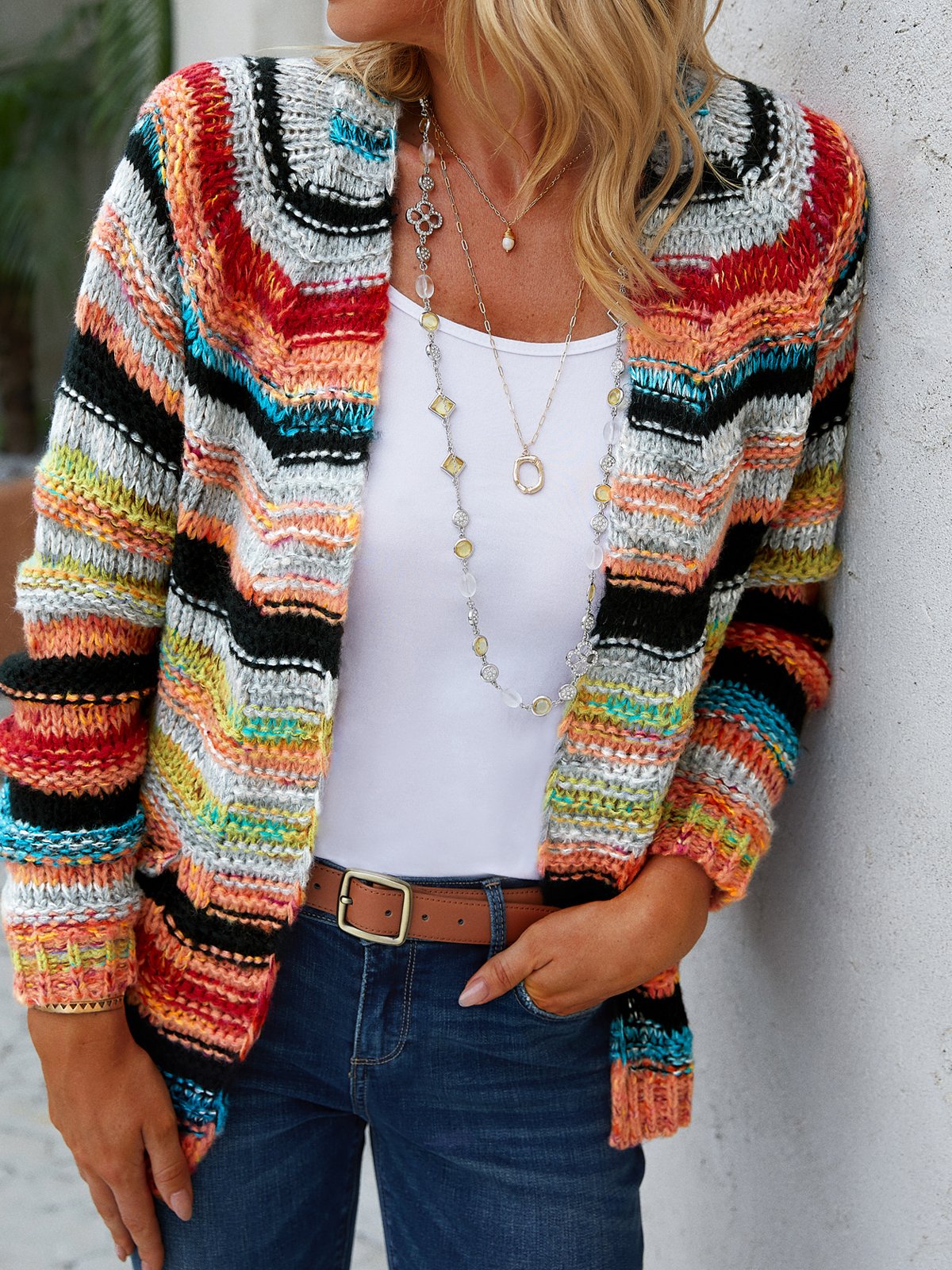 Plus size Long Sleeve Casual Striped Sweater Coat