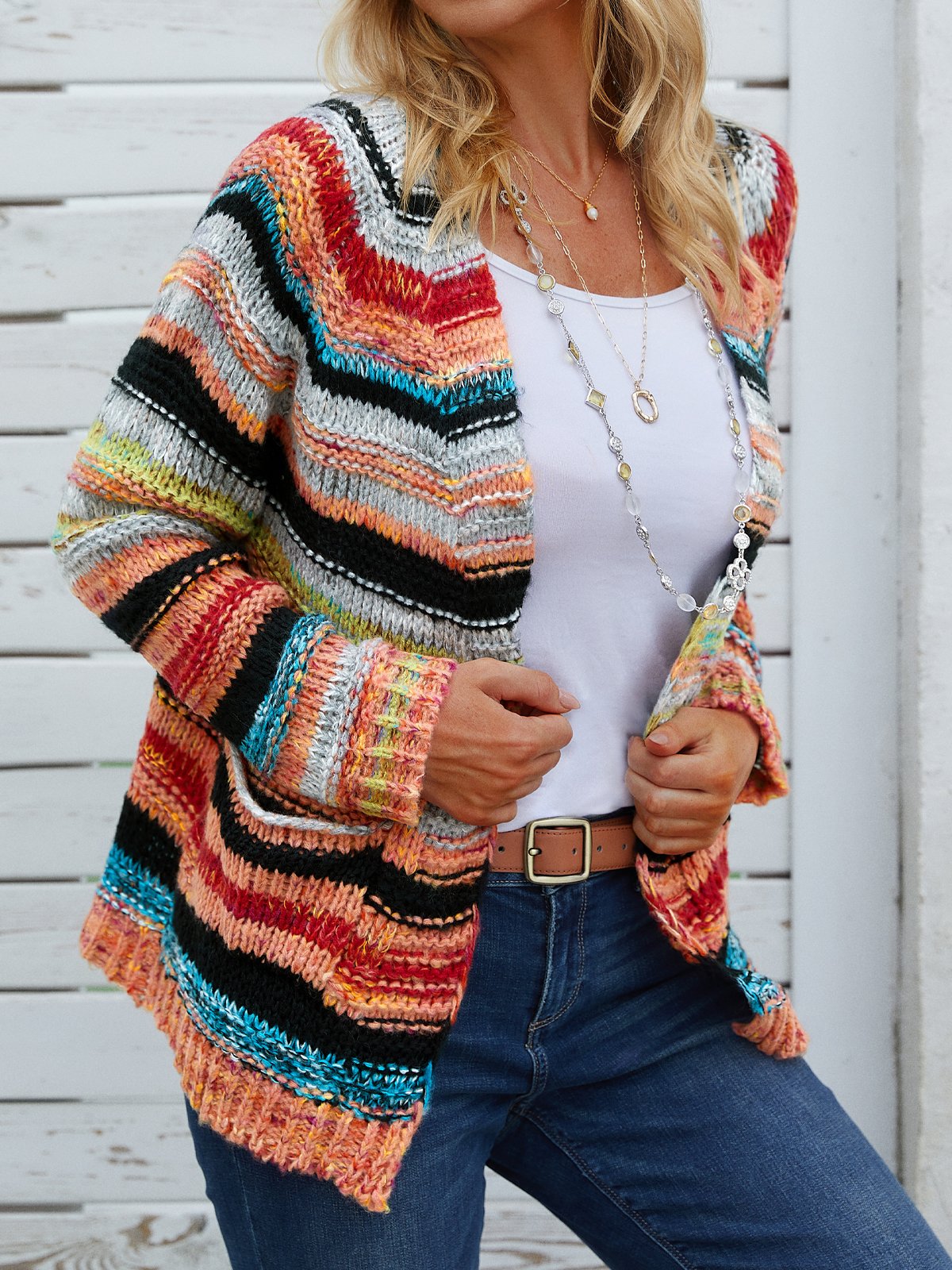 Plus size Long Sleeve Casual Striped Sweater Coat