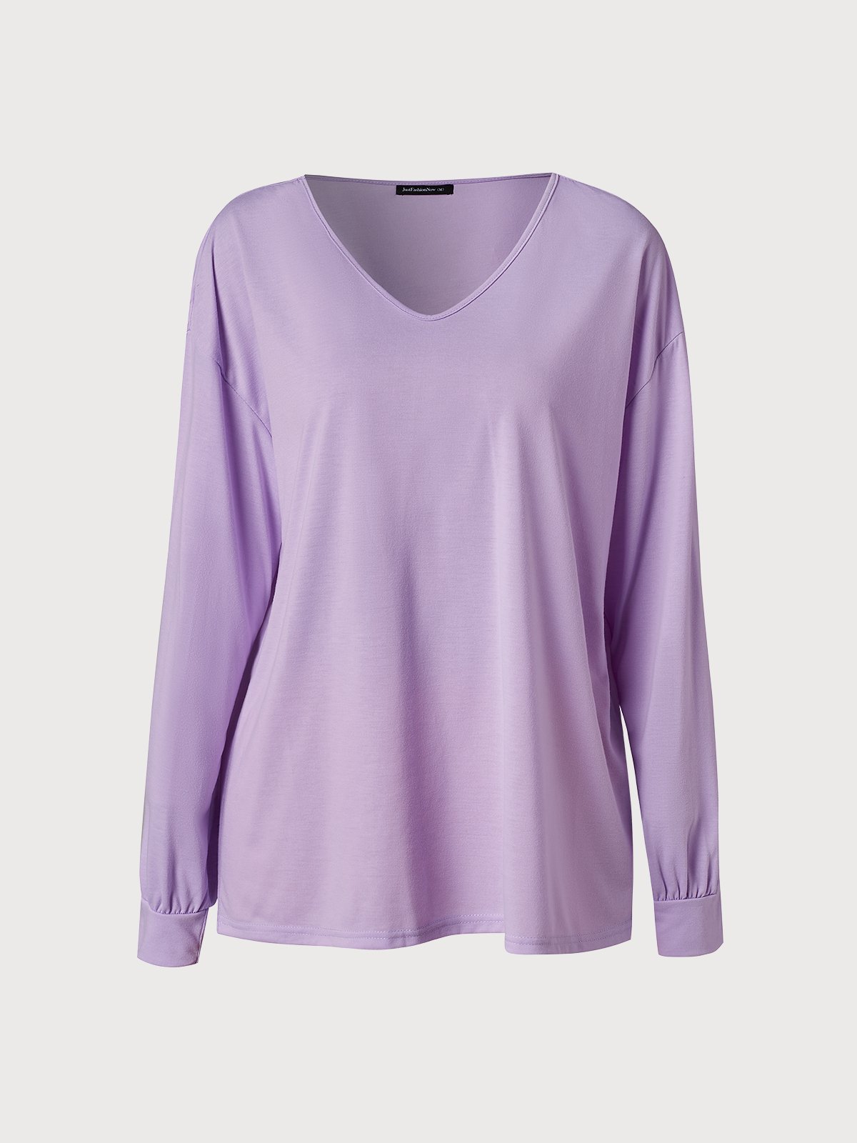 Spring Fall Loose V Neck Casual Plain Long Sleeve Tunic