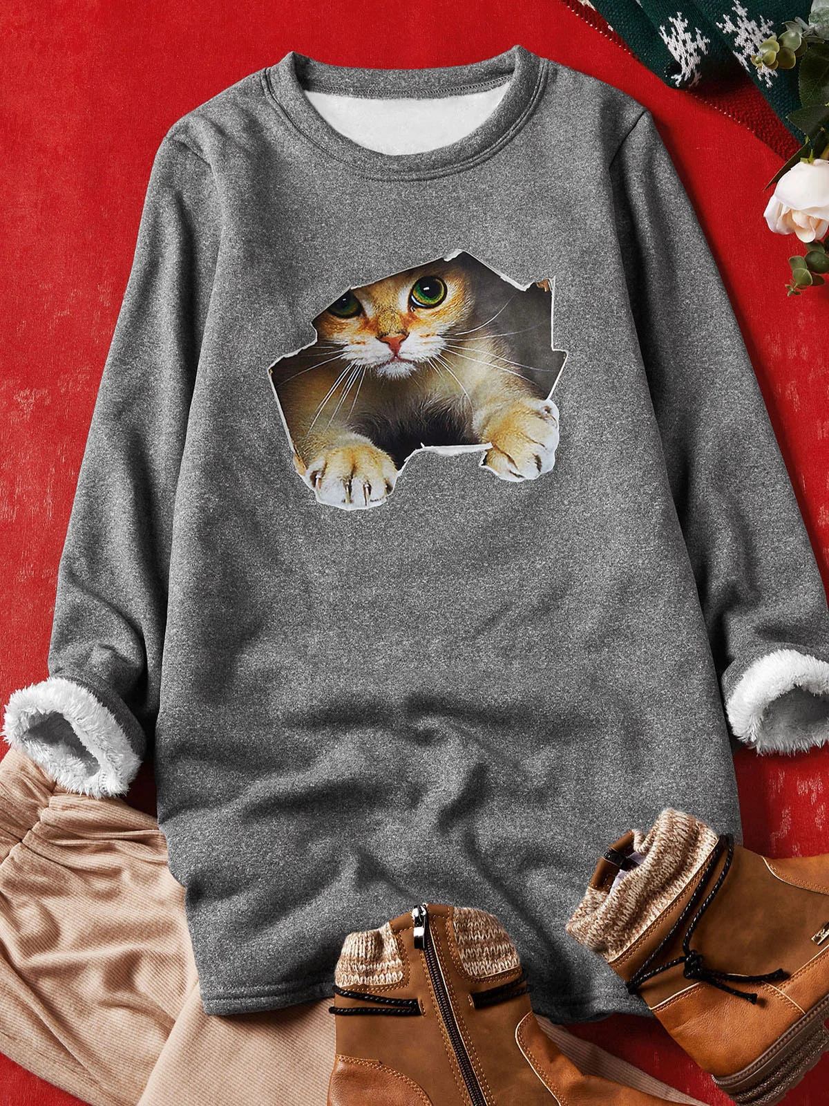 Women Casual Crew Neck 3D Cat Winter Warm Plush Lined Pullover Sweatshirt