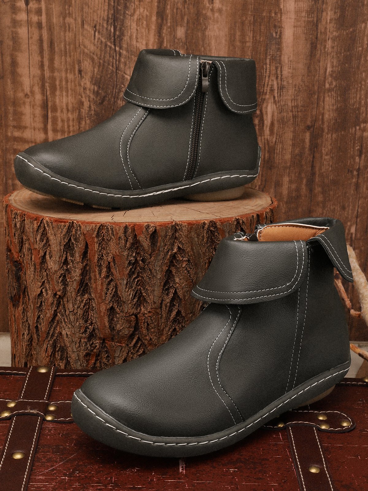 Women Casual Plain All Season Zipper Round Toe Rubber Non-Slip Classic Boots