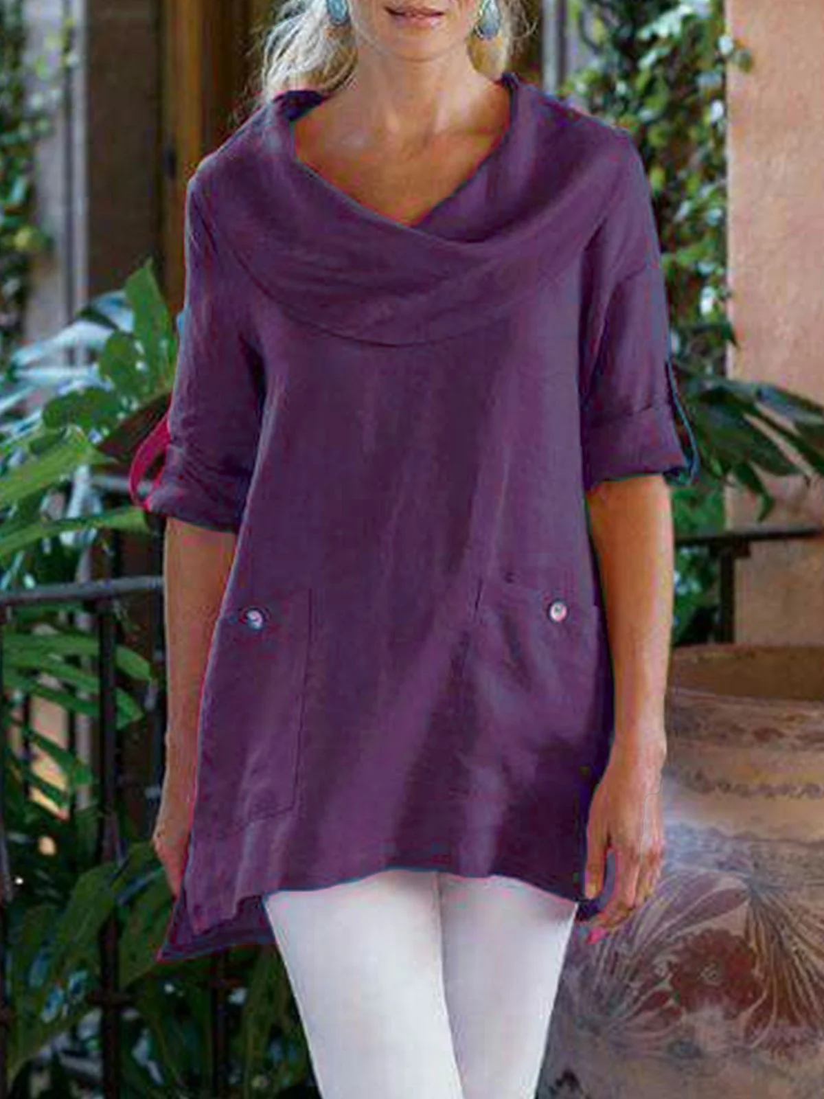 Women's Shirt Blouse Linen Cotton Cowl Neck Pockets Shirt Plain Casual Button Short Sleeve Elegant Fashion Basic Standing Collar Regular Fit Spring Summer