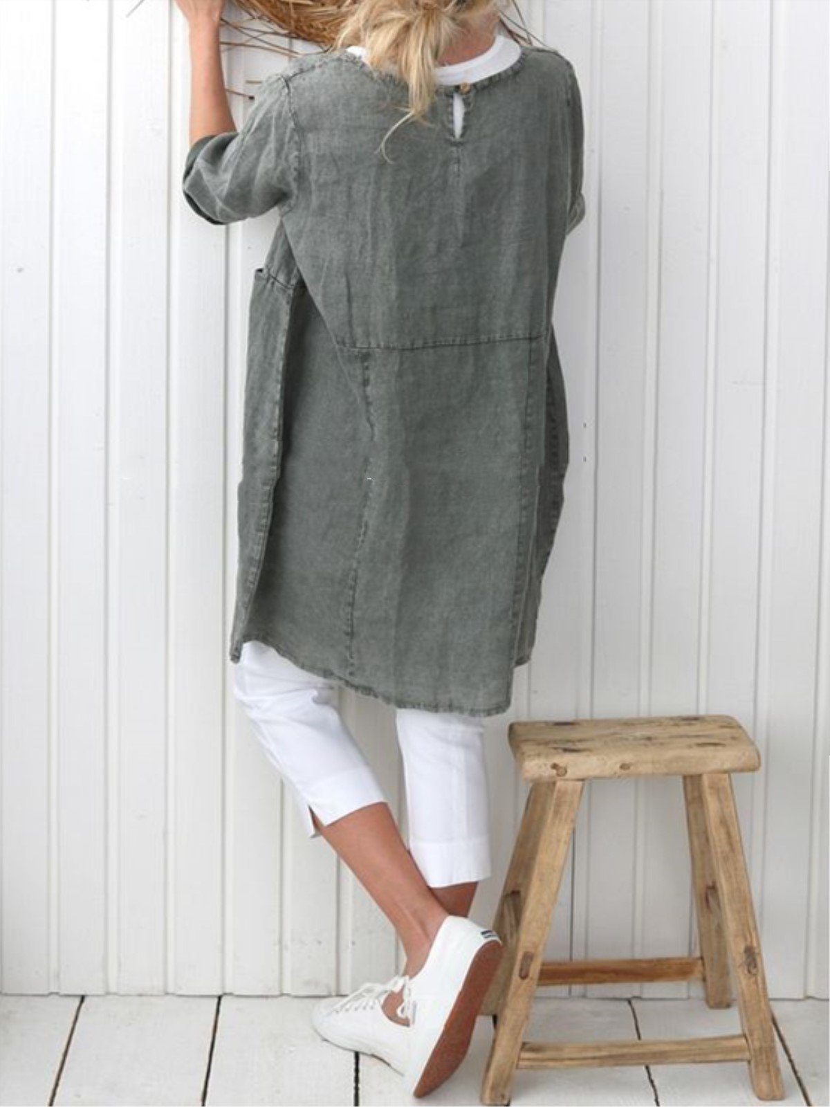 Women Tunic Top Cotton and Linen Pockets Plain Casual Three Quarter Sleeve Top