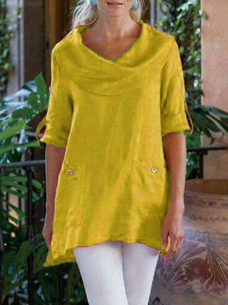 Women's Shirt Blouse Linen Cotton Cowl Neck Pockets Shirt Plain Casual Button Short Sleeve Elegant Fashion Basic Standing Collar Regular Fit Spring Summer