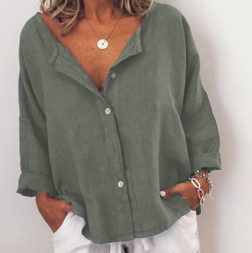 Women V Neck Button Down Solid Casual Long Sleeve Blouse