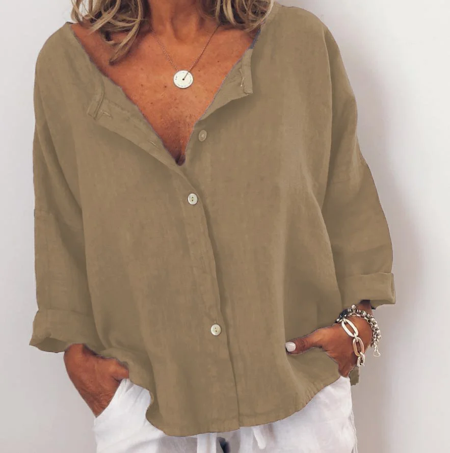 Women V Neck Button Down Solid Casual Long Sleeve Blouse