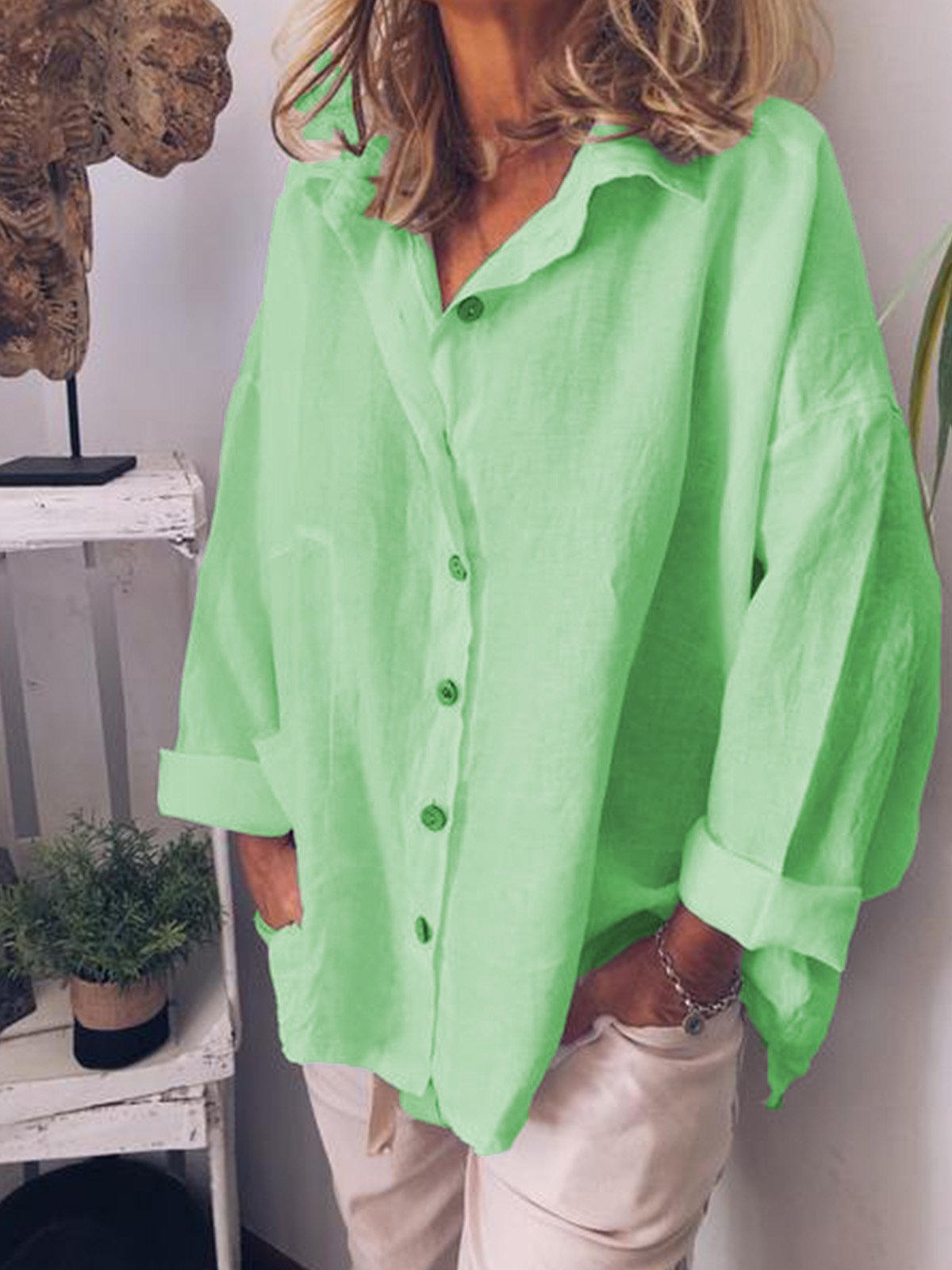 Women Loose Plain Plus Size Cotton Linen Button Down V Neck Long Sleeve Blouse