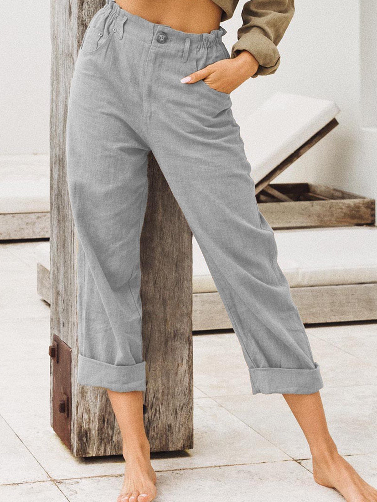 Casual Plain Linen Pants High Waisted Button Up Straight Trousers with Pockets