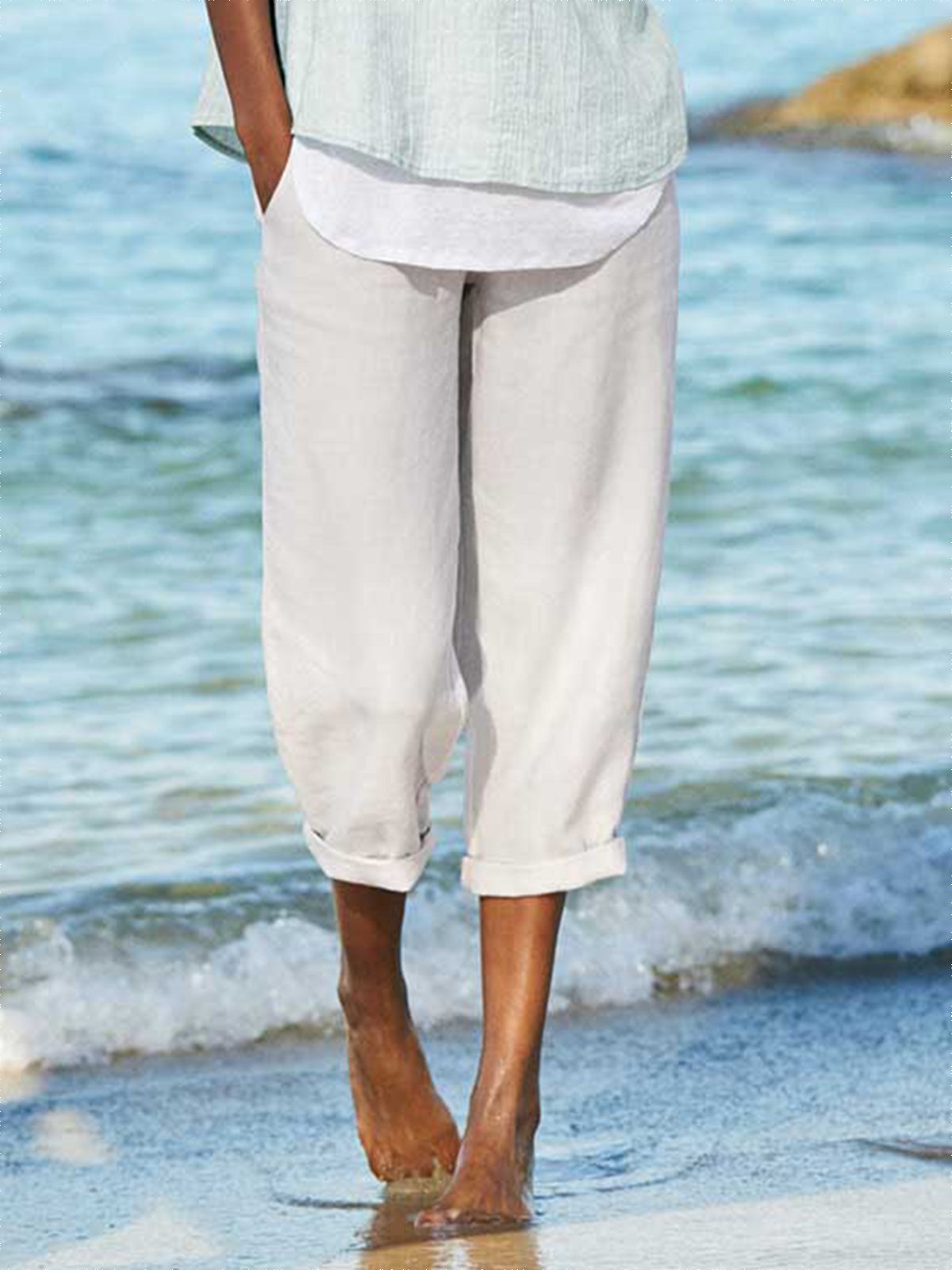 Elastic Waist Loose Summer Pockets Solid Casual Cotton Linen Pants