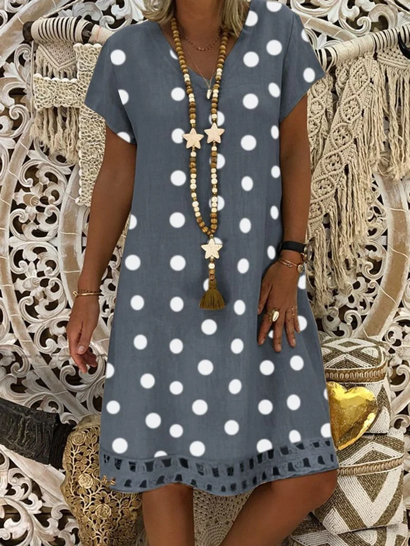 Polka Dots Hollow Out Hem V Neck Short Sleeve Vacation Mini Dress ...