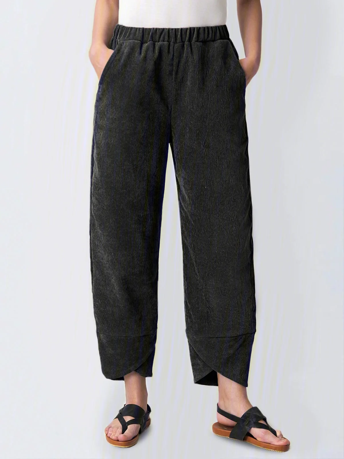 Women's Pants Trousers Tulip Hem Elastic Waist Pockets Baggy Full Length Workout Corduroy Pants Baggy Fashion