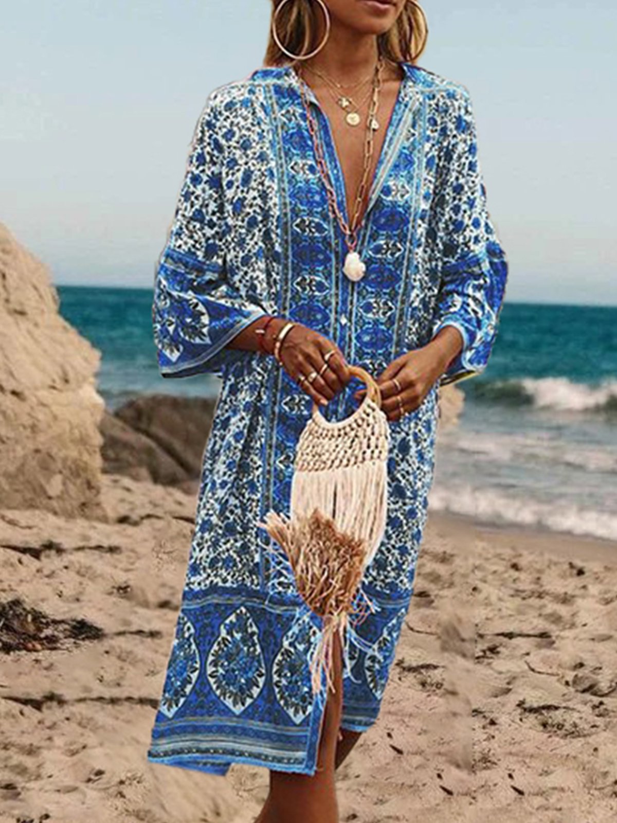 Women Boho V Neck V Neck Three Quarter Sleeve Loose Ethnic Vacation Dress