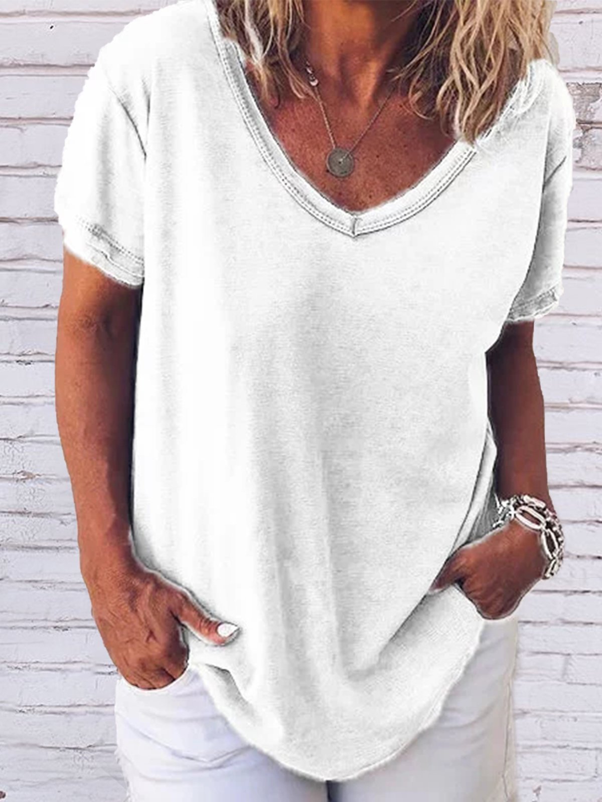 Women Casual Solid Plus Size Loosen V Neck Short Sleeve Summer T-shirt ...
