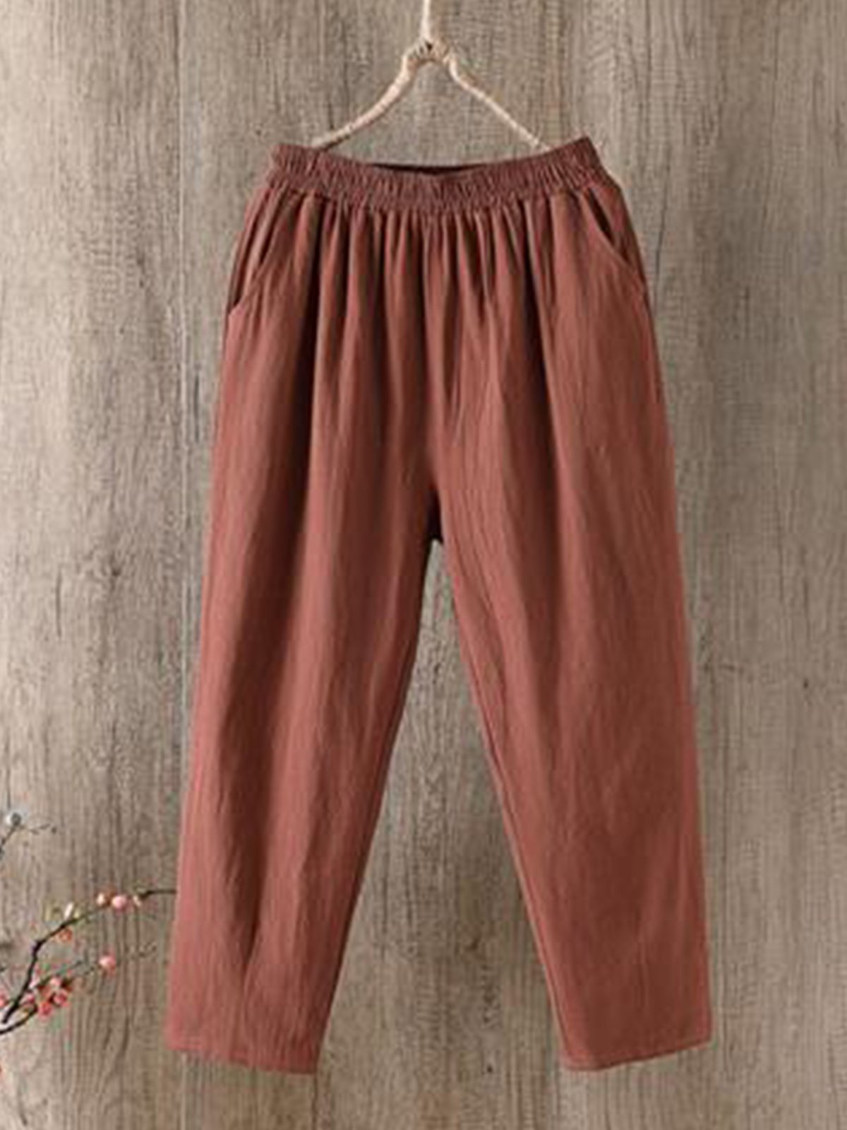  Women Solid Pockets Elastic Waist Casual Linen Pants