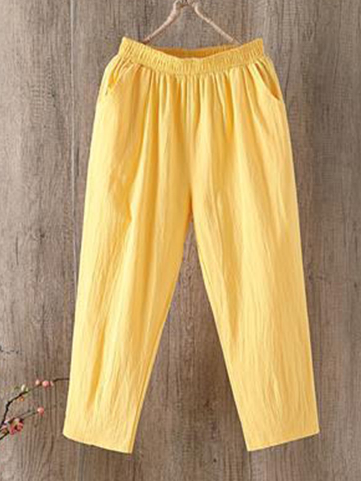  Women Solid Pockets Elastic Waist Casual Linen Pants