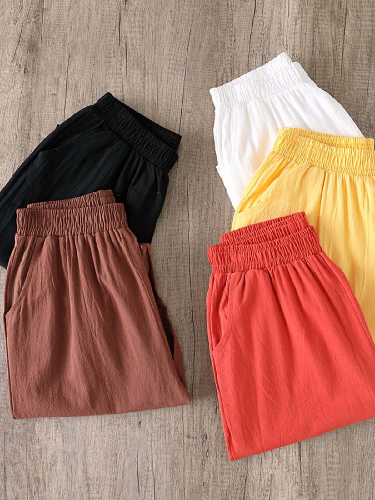  Women Solid Pockets Elastic Waist Casual Linen Pants