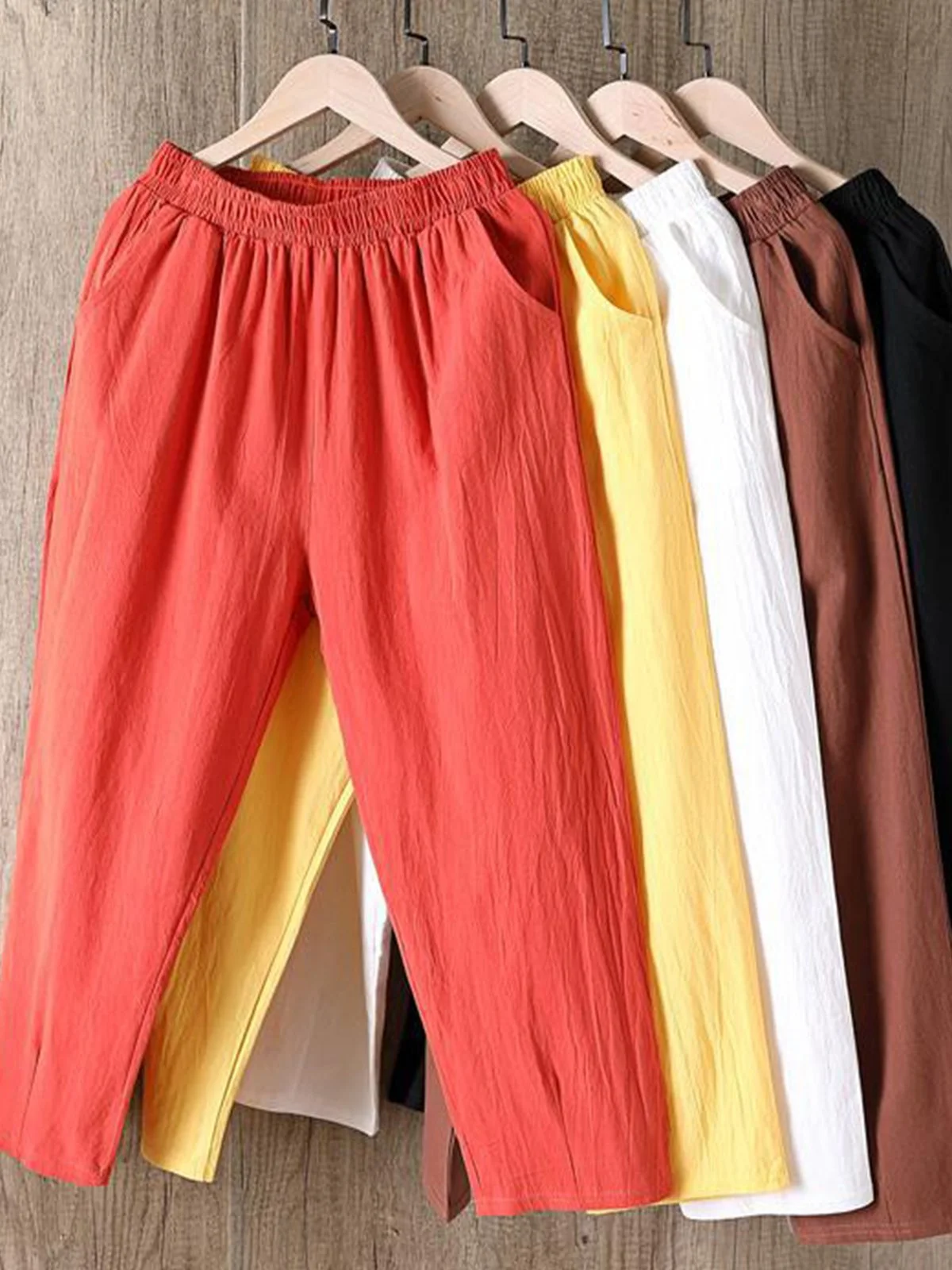  Women Solid Pockets Elastic Waist Casual Linen Pants