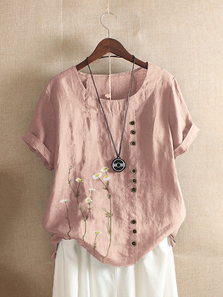 Women Crew Neck Plus Size Floral Buttoned Roll Up Short Sleeve Blouse