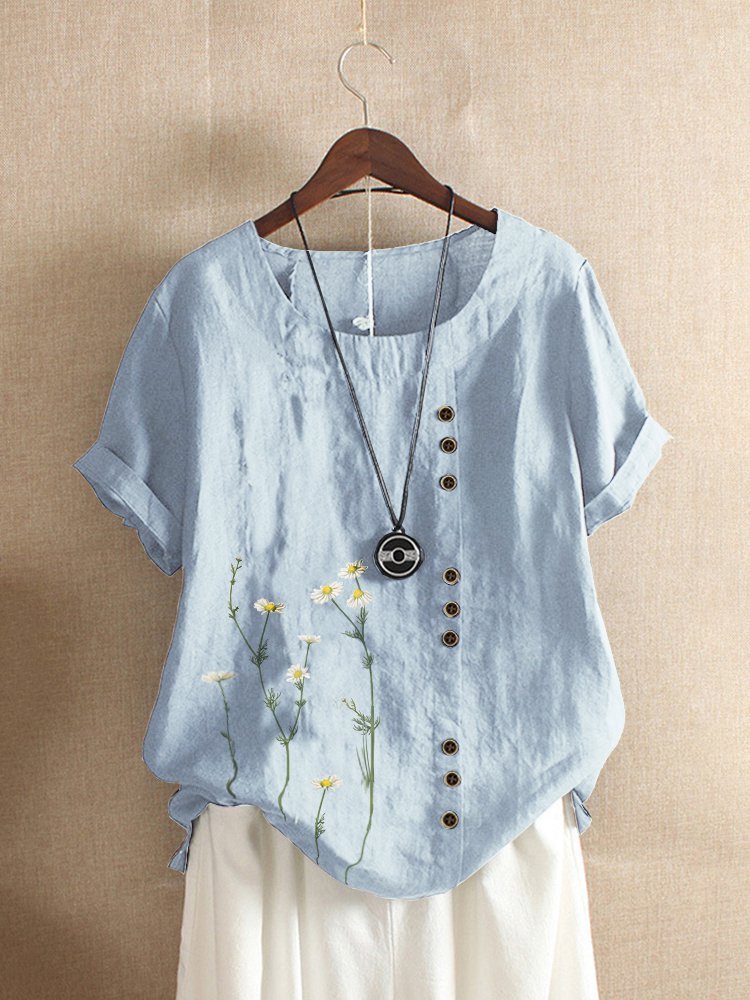 Women Crew Neck Plus Size Floral Buttoned Roll Up Short Sleeve Blouse
