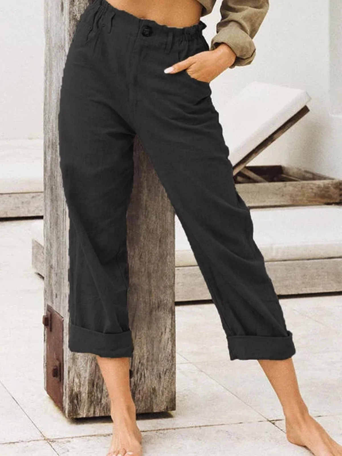 Casual Plain Linen Pants High Waisted Button Up Straight Trousers with Pockets