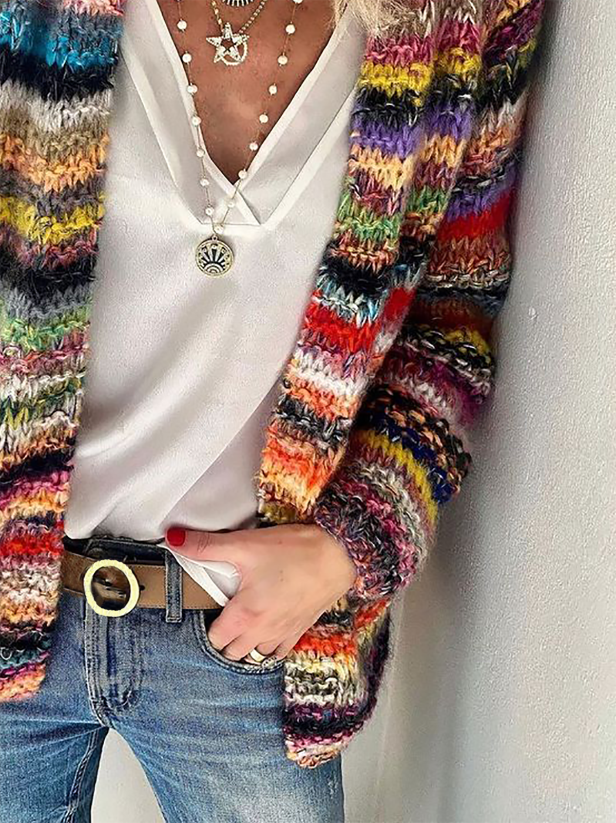 Plus size Long Sleeve Casual Striped Sweater Coat