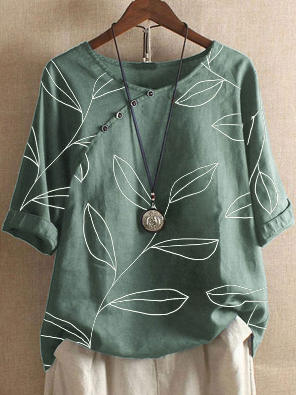 Linen Leaf Print Buttoned Short Sleeve Blouse