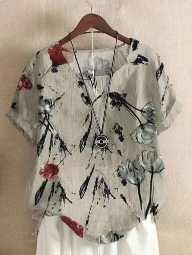 Women Crew Neck Floral Buttoned Roll Up Short Sleeve Top