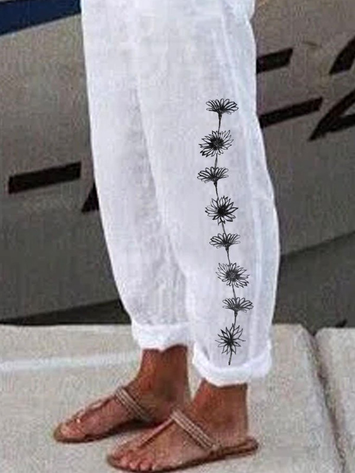 Women's Linen Pants Trousers Baggy Dandelion Print Pant Full Length Cotton And Linen Side Pockets Baggy