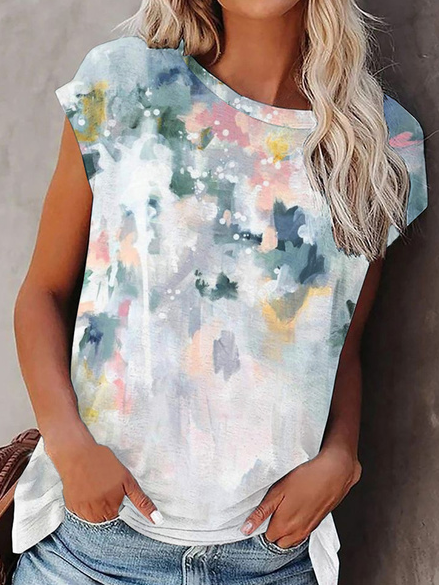 Vacation Floral Gradient Pattern Cotton Blends Crew Neck Summer T-shirt