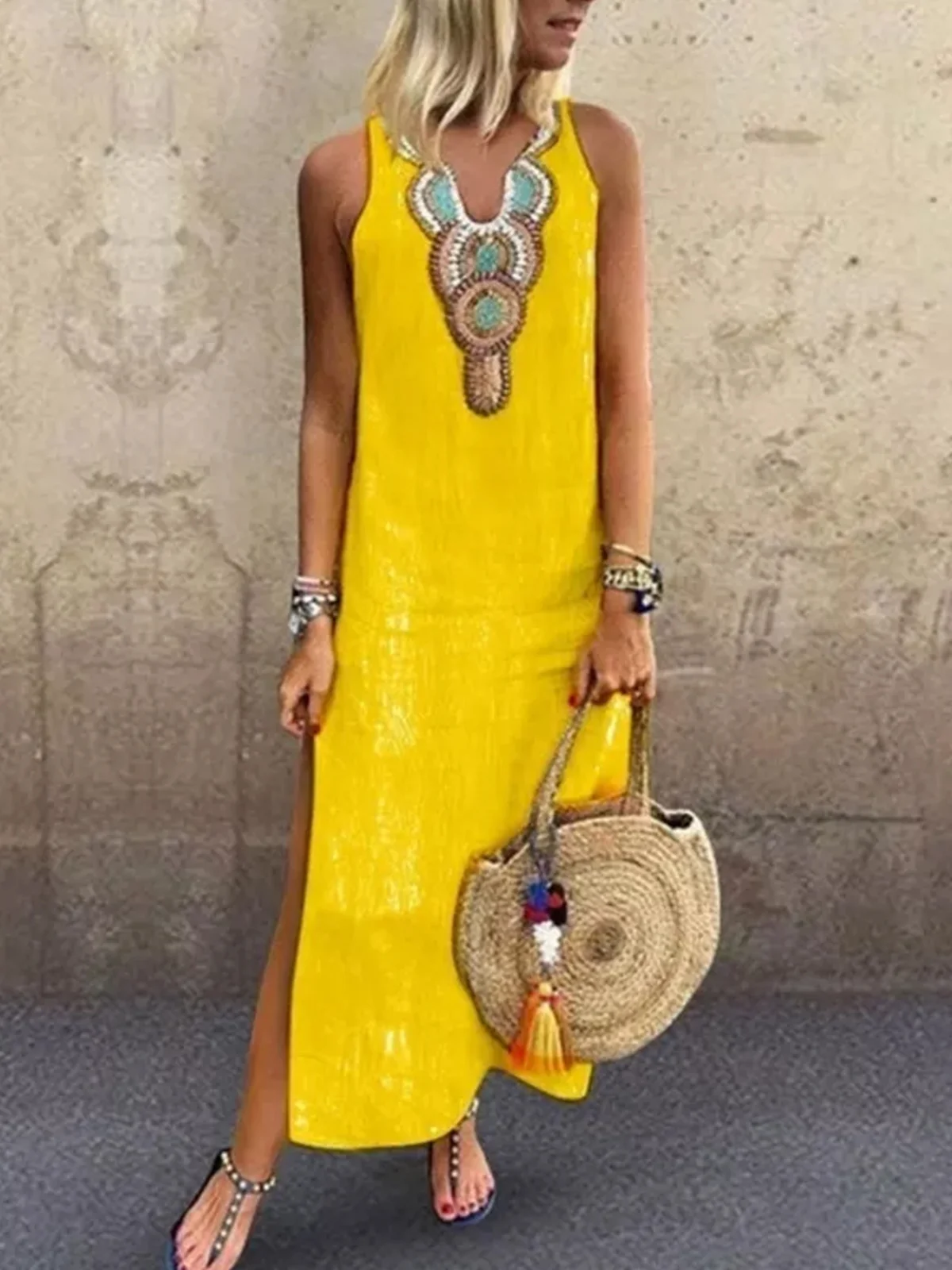 Loose Vacation Linen Simple Ethnic V Neck Sleeveless Maxi Dress