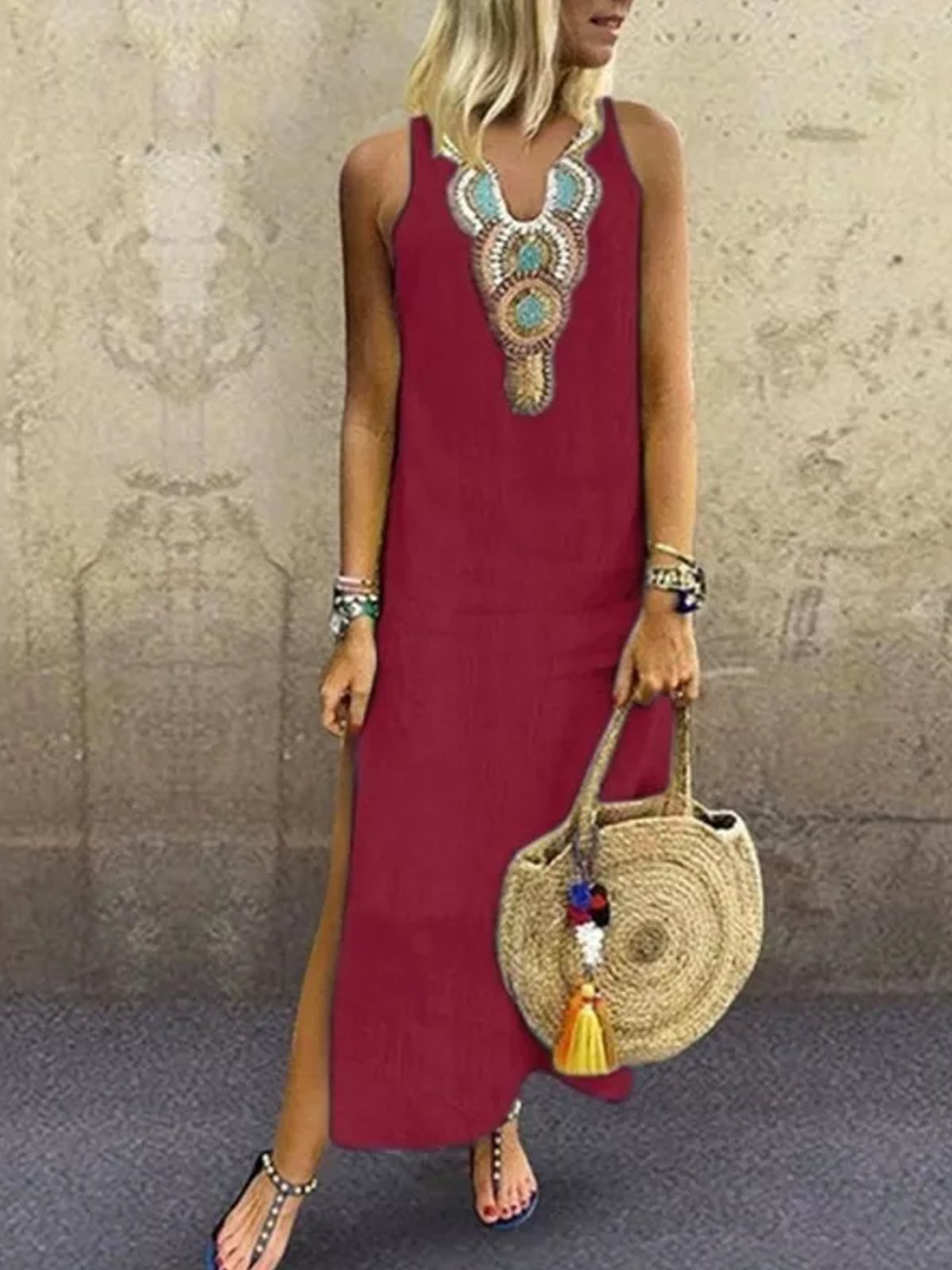 Loose Vacation Linen Simple Ethnic V Neck Sleeveless Maxi Dress