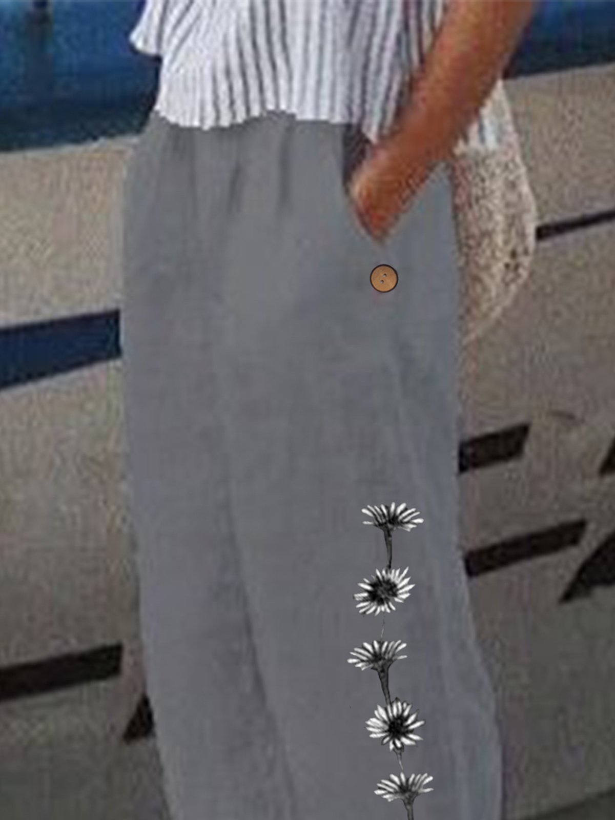 Women's Linen Pants Trousers Baggy Dandelion Print Pant Full Length Cotton And Linen Side Pockets Baggy