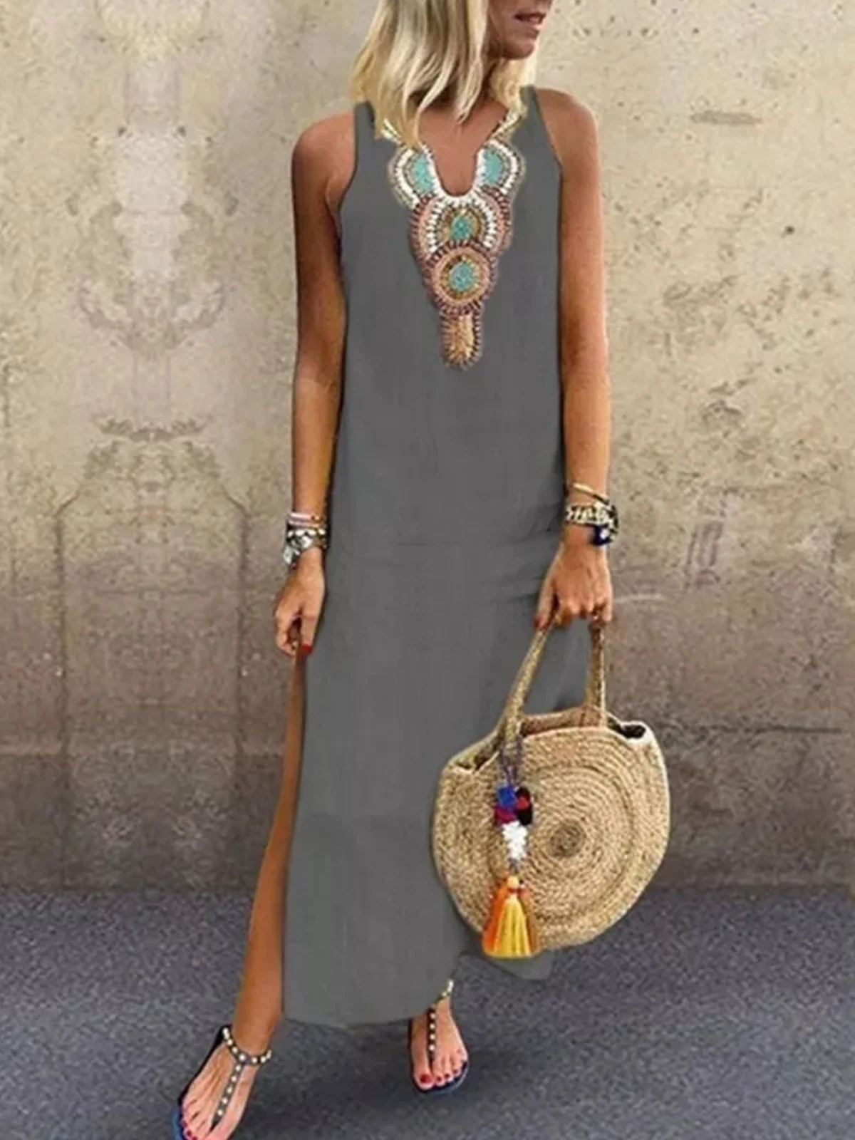 Loose Vacation Linen Simple Ethnic V Neck Sleeveless Maxi Dress