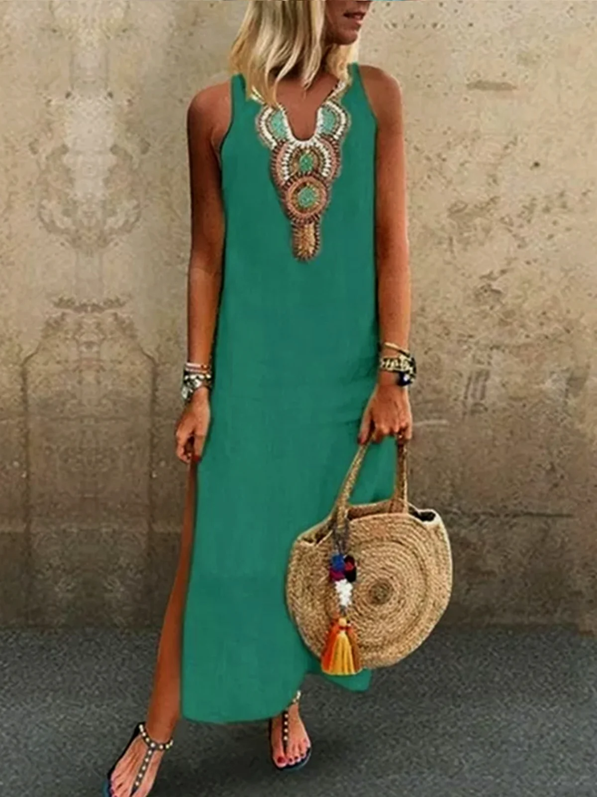 Loose Vacation Linen Simple Ethnic V Neck Sleeveless Maxi Dress