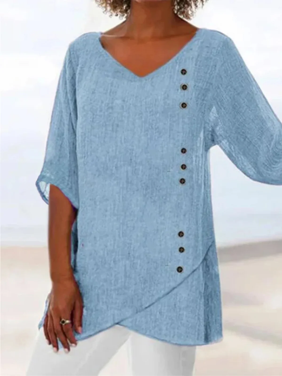 Women Loose V Neck Button Asymmetric Hem Solid 3/4 Sleeve Tunic Top