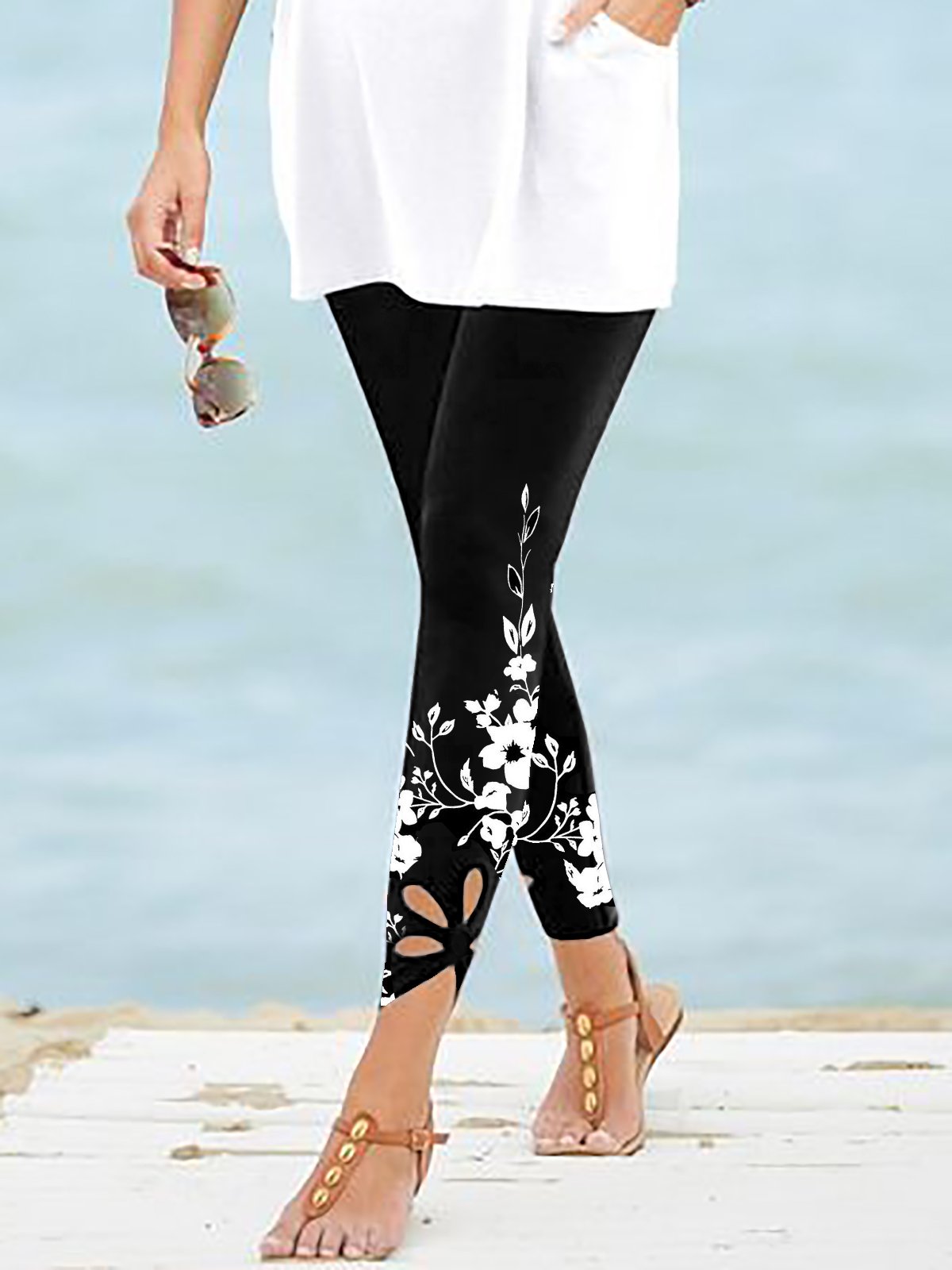 Women Casual Hollow Out Color Block Floral Mid Waist Leggings