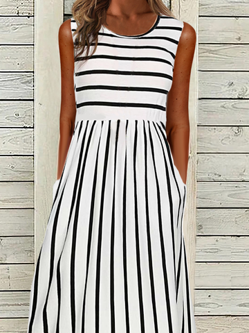 Women Casual Striped Sleeveless Crew Neck Pockets Summer Midi Tank Dress