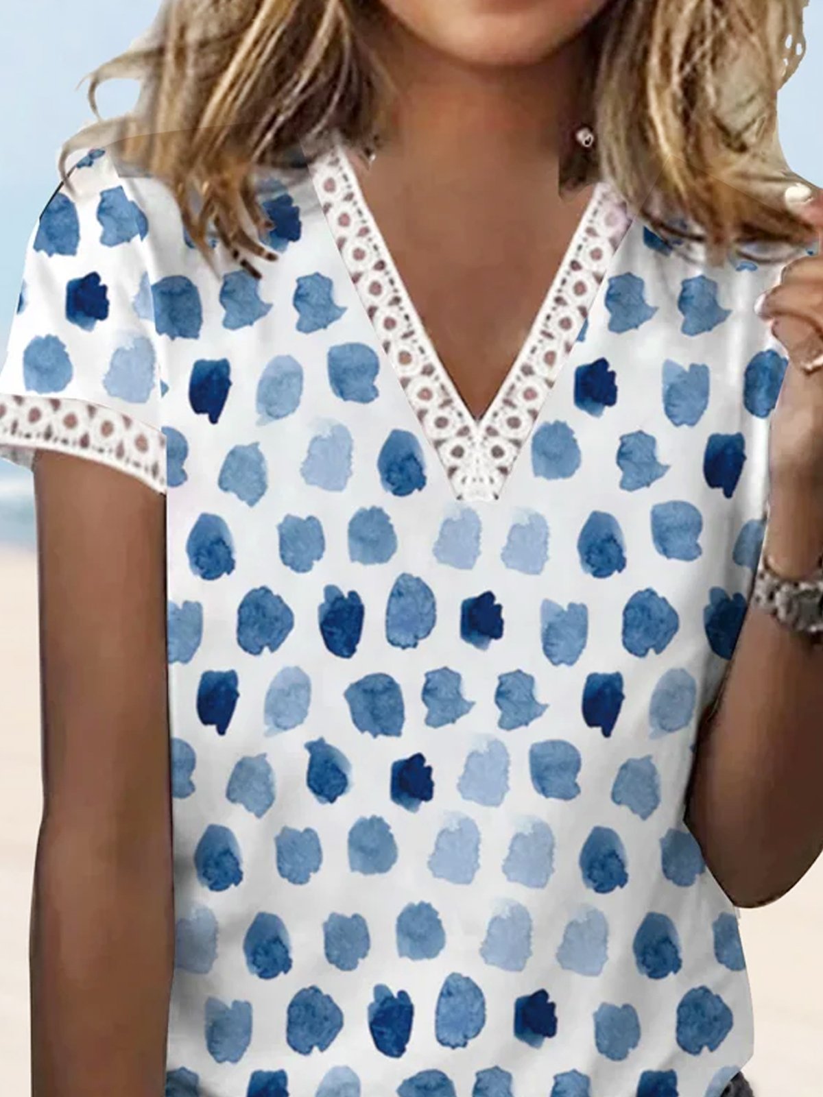 Geometric wave dot color block lace loose Pullover T-shirt