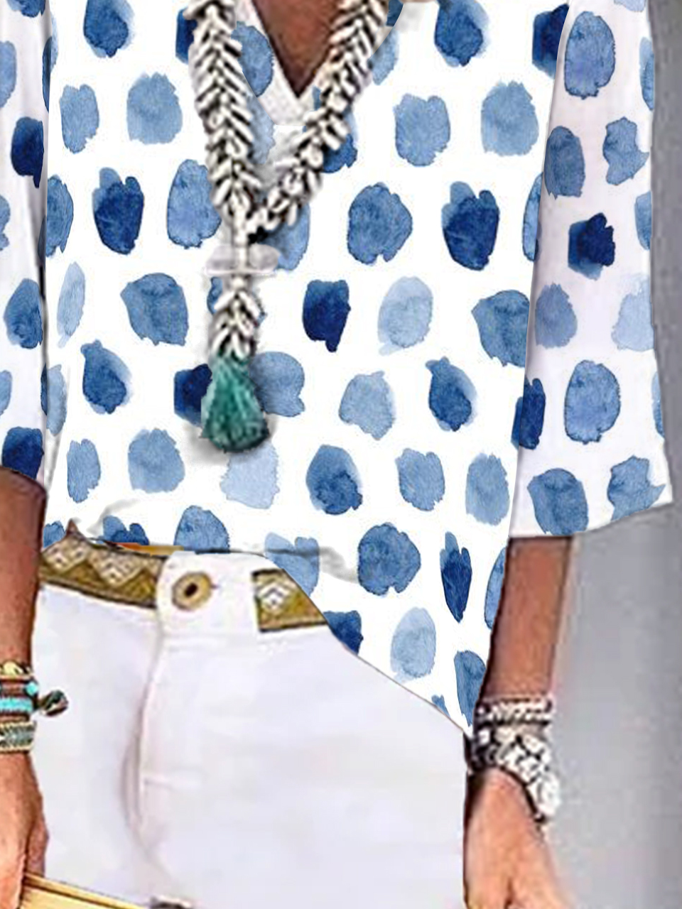 Casual Geometric V Neck Vacation Three Quarter Sleeve Blouse