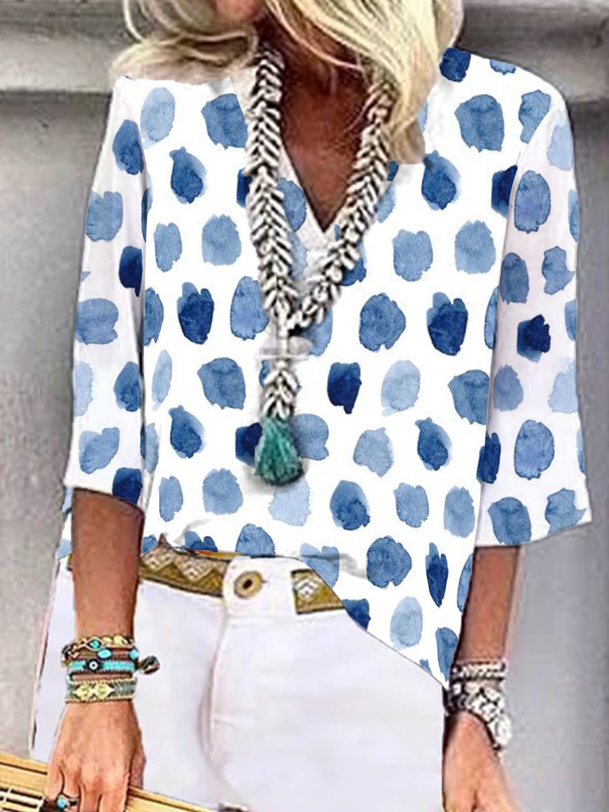 Casual Geometric V Neck Vacation Three Quarter Sleeve Blouse