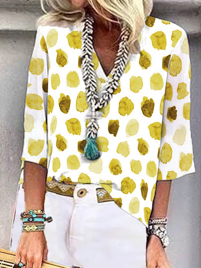 Casual Geometric V Neck Vacation Three Quarter Sleeve Blouse
