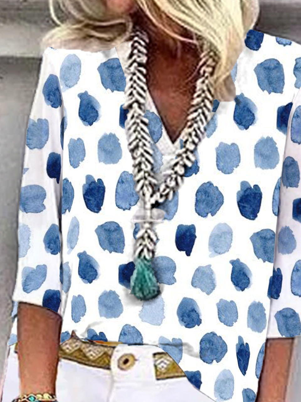 Casual Geometric V Neck Vacation Three Quarter Sleeve Blouse